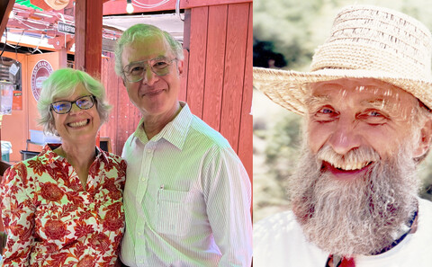 A combined photo of a husband and wife couple with white hair and a close up of a man with a bushy greying beard and straw hat