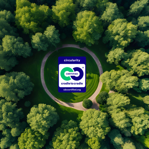 C2C circularity logo set against an aerial view of a forest